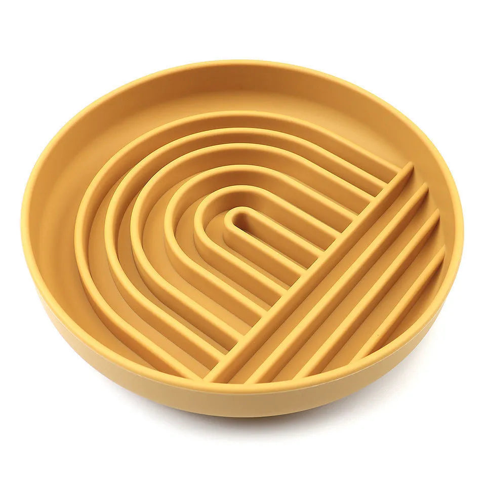 Silicone slow feeder bowl for dogs with ridges, measuring 19 cm, in beige, charcoal ash, grey blue, mango yellow, mustard green, or red.