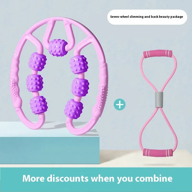 Ring clip leg massager roller with 12 wheels in macaron pink colour, showing adjustable grip and PP material construction