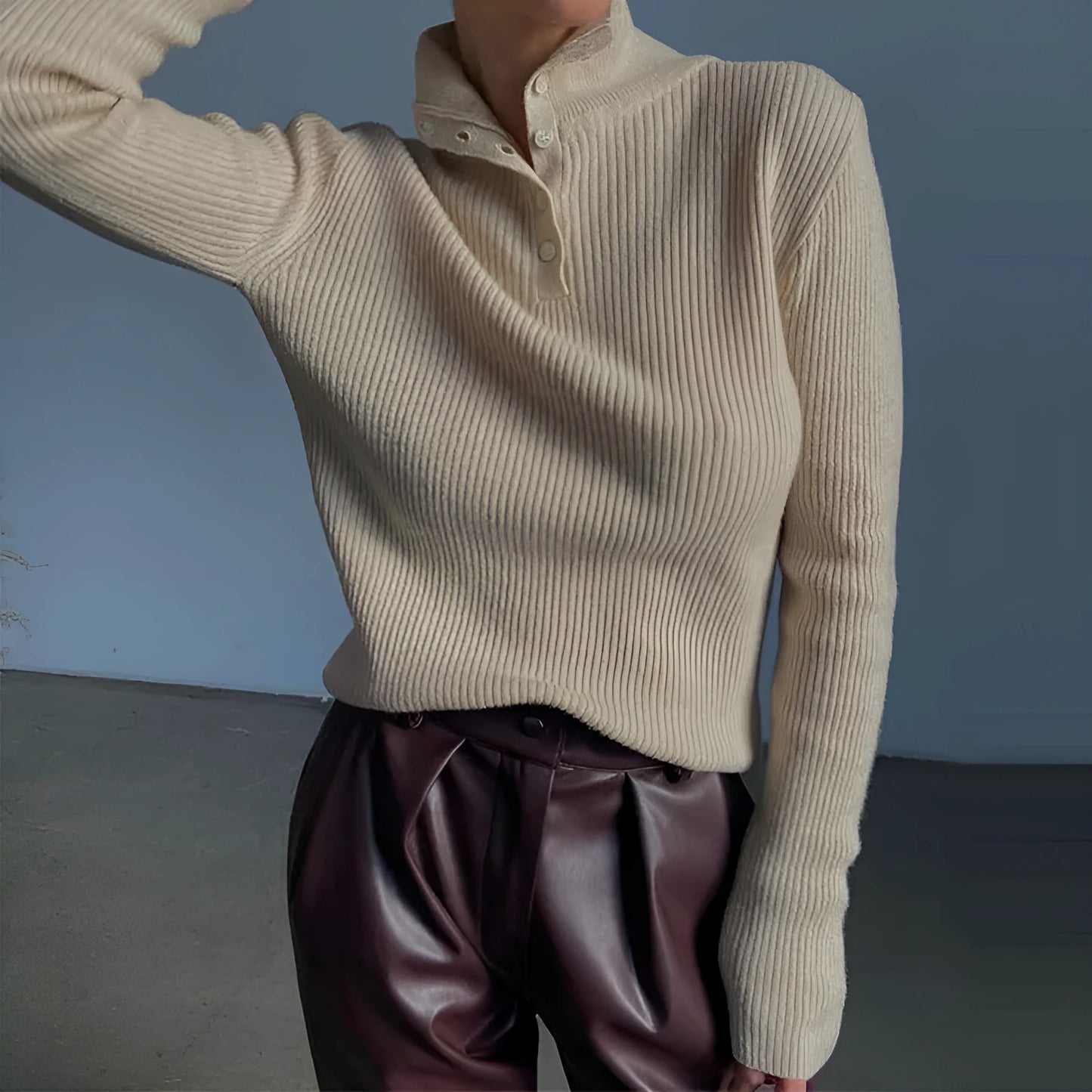 Silver grey half turtleneck pullover sweater with single-breasted placket and slim fit design