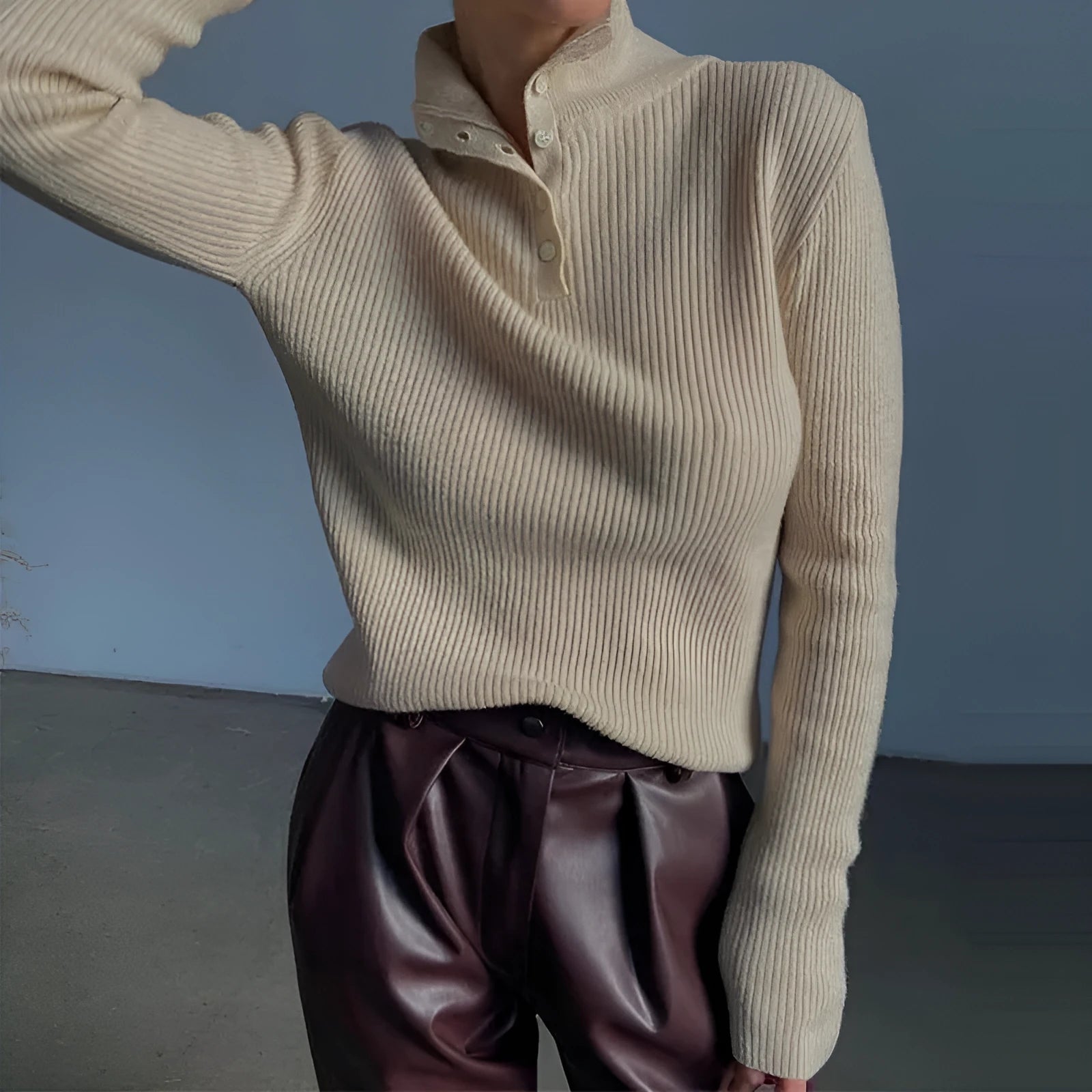 Silver grey half turtleneck pullover sweater with single-breasted placket and slim fit design