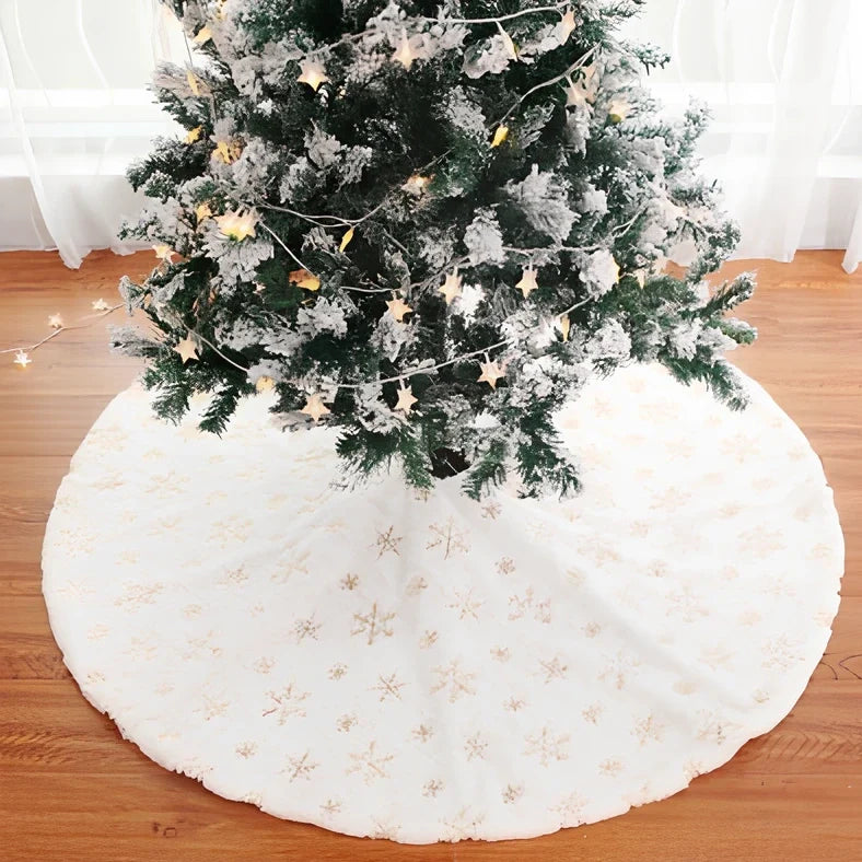 Christmas tree skirt with sequin embroidery and imitation rabbit fur trim in silver, gold, or colourful options