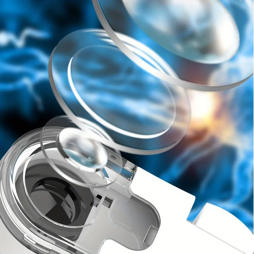 White mini mobile phone microscope with LED light and detachable clip-on adapter next to a smartphone.