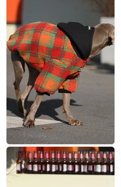 Thick warm large dog coat in orange grid or green stripe, sizes M-XXXL and No.7-12