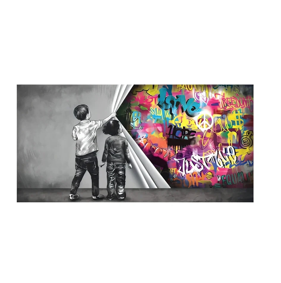 Frameless abstract graffiti canvas art for children's rooms in multiple sizes and colour variations