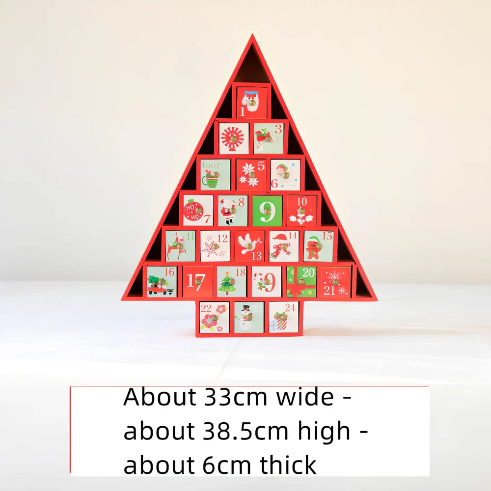 Wooden Christmas advent calendar with 24 numbered compartments in red and green colours measuring 37x32cm