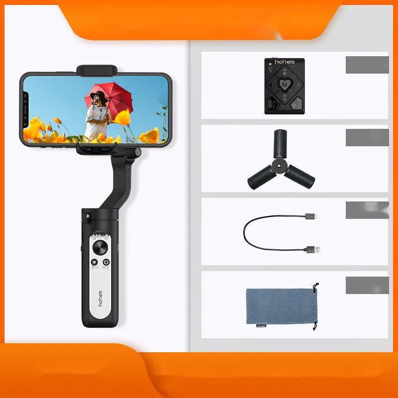 Black or white three-axis mobile phone gimbal stabiliser showing compact folded size.