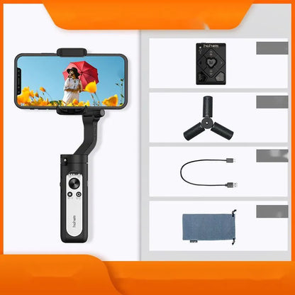 Black or white three-axis mobile phone gimbal stabiliser showing compact folded size.