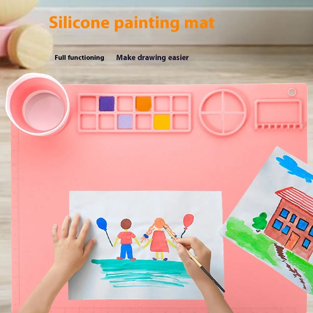Silicone double bowl painting mat in green colour, 50x40cm with integrated mixing bowls for watercolour art