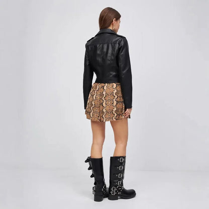 Black women's retro locomotive jacket in imitation leather with regular sleeves