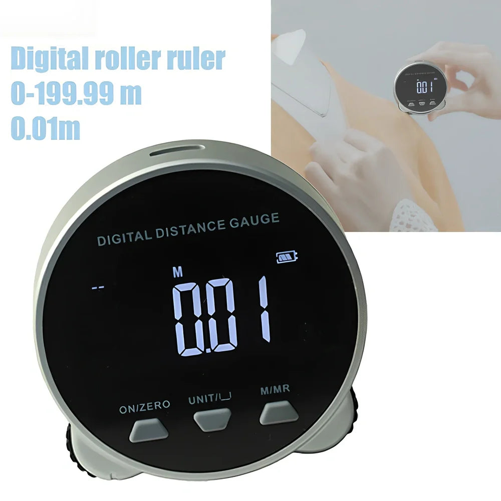 Grey digital rolling measurement tool displaying 200m range on straight surfaces with cm/inch units