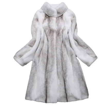 White women's faux fur coat with a stand-up collar, shown on a model.