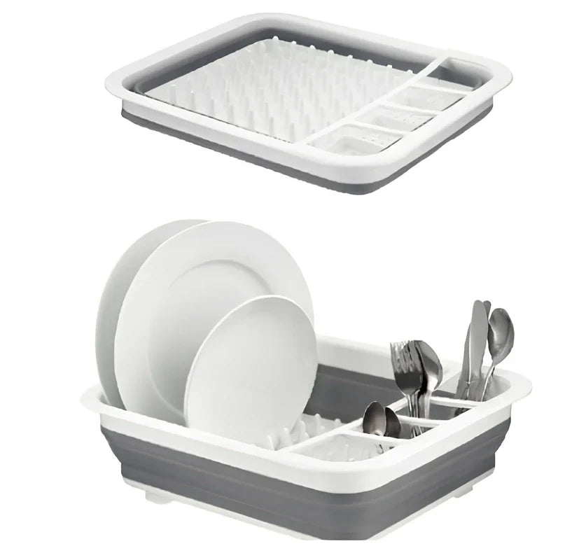 Grey folding kitchen dish rack showing collapsed flat position and separate utensil compartment