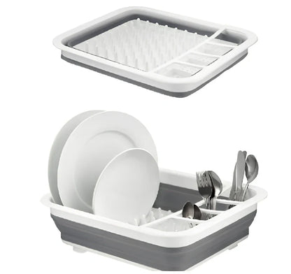 Grey folding kitchen dish rack showing collapsed flat position and separate utensil compartment