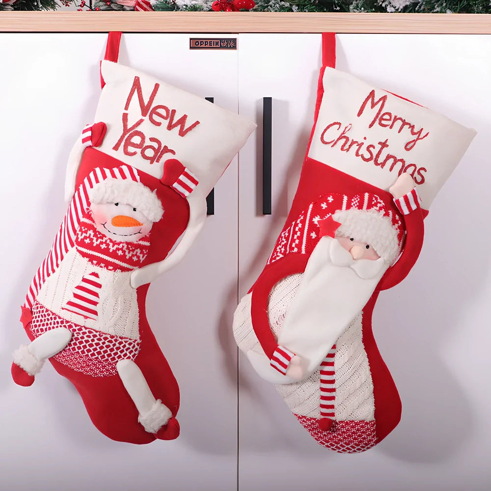 Red and white Christmas stocking measuring 45cm by 26cm with elderly-themed design for gift storage