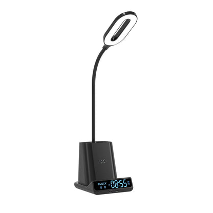 Black wireless charging desk lamp with pen holder, storage box, and USB port on modern desk