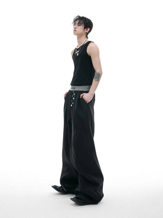 Drooping straight suit pants in black or grey with high waist and button open line design, straight-leg cut