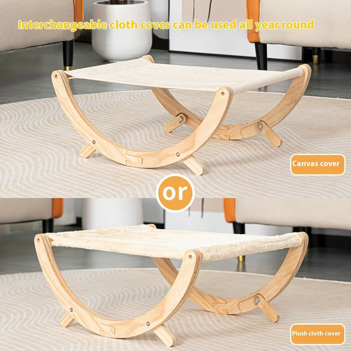Solid wood foldable cat shaker bed hammock with a choice of canvas or plush top.