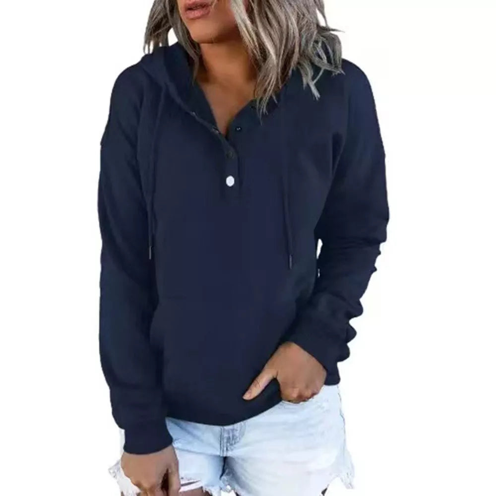 Women's long-sleeved hooded sweatshirt with pockets in various colors