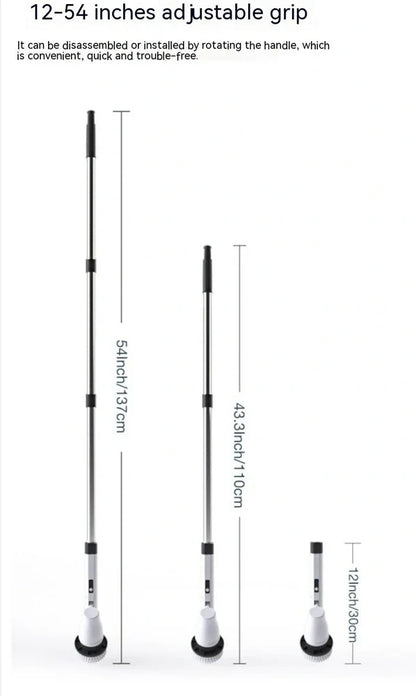 White 7-in-1 wireless electric cleaning brush with retractable 120cm handle and seven attachments for bathroom, floor, and car use