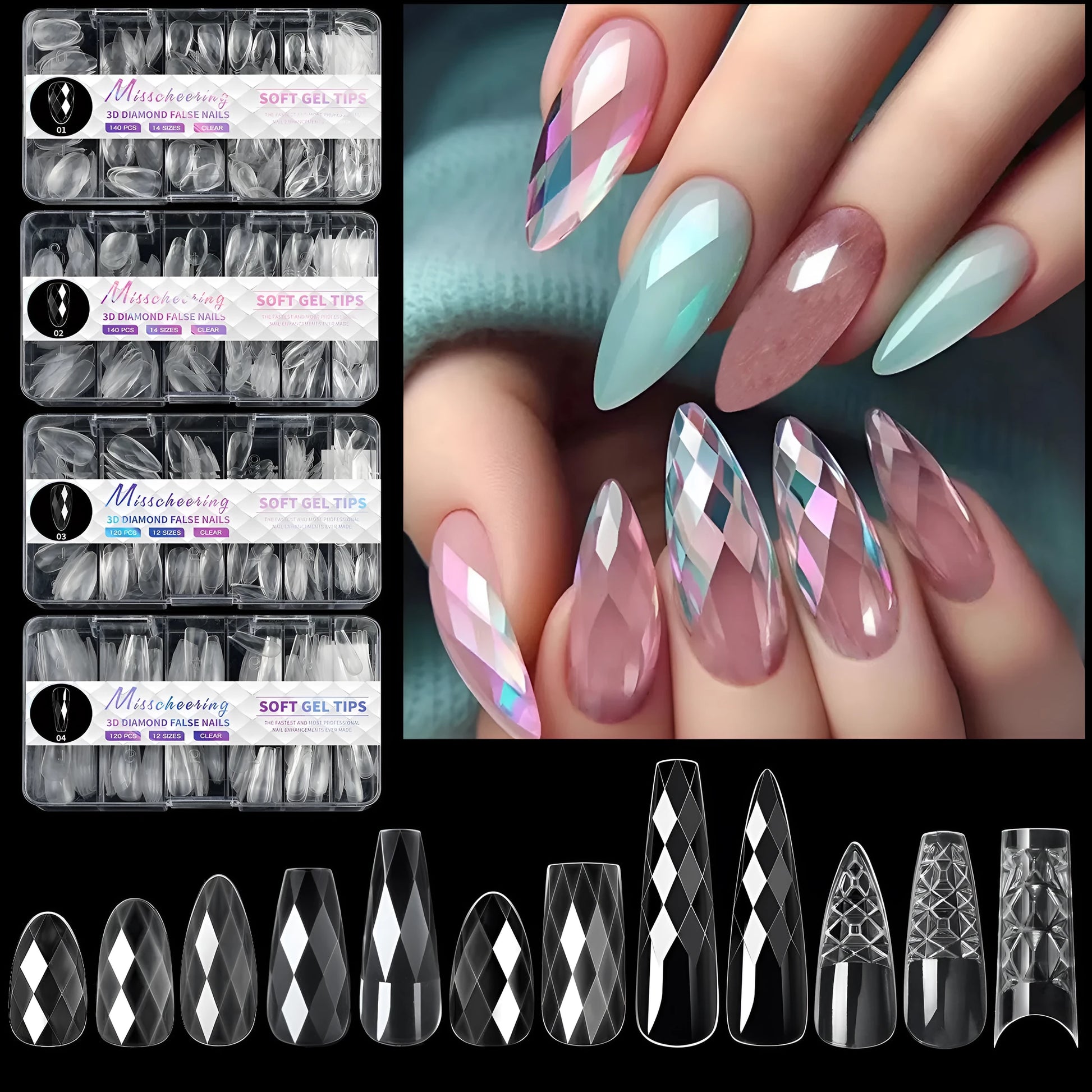 Box of 3D diamond-shaped long false nail tips in a chosen colour from the Diamond Nail range.