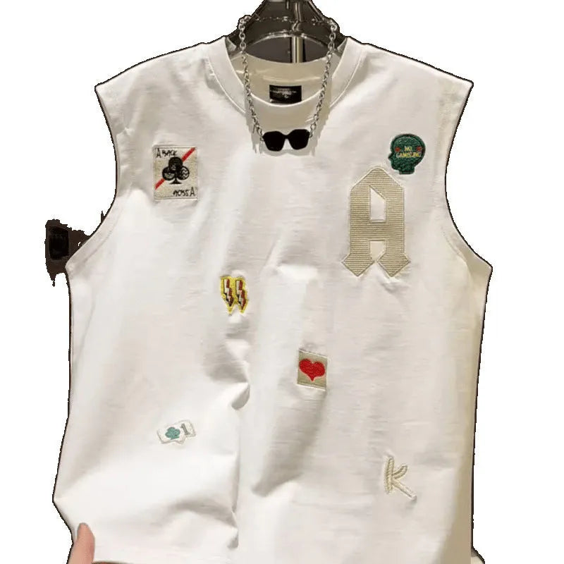Men's white cotton sleeveless vest t-shirt with cartoon graphic print in loose fit