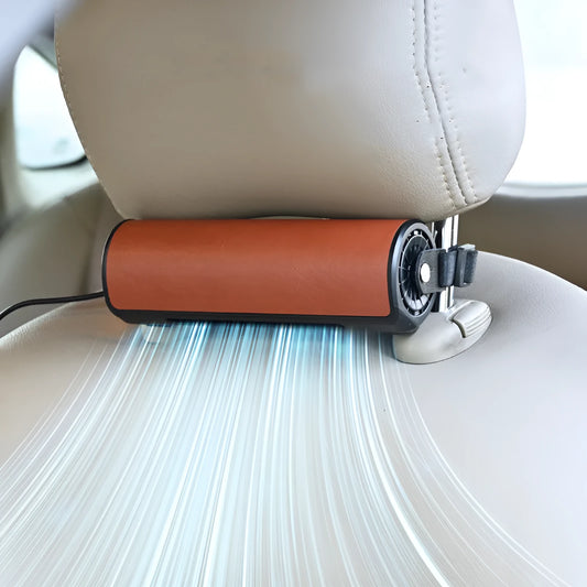Car mounted rear seat USB fan in black with 1.5 metre charging cable