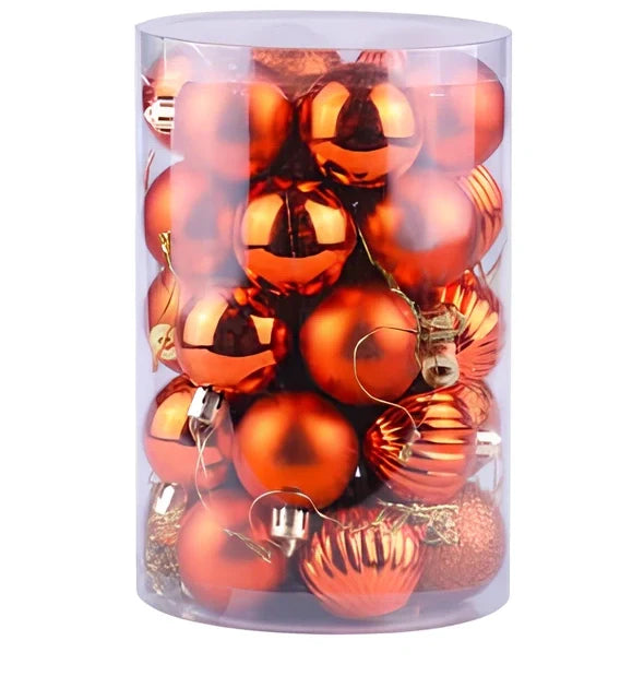 34 Christmas tree ball ornaments in assorted colours with 6cm diameter plastic construction