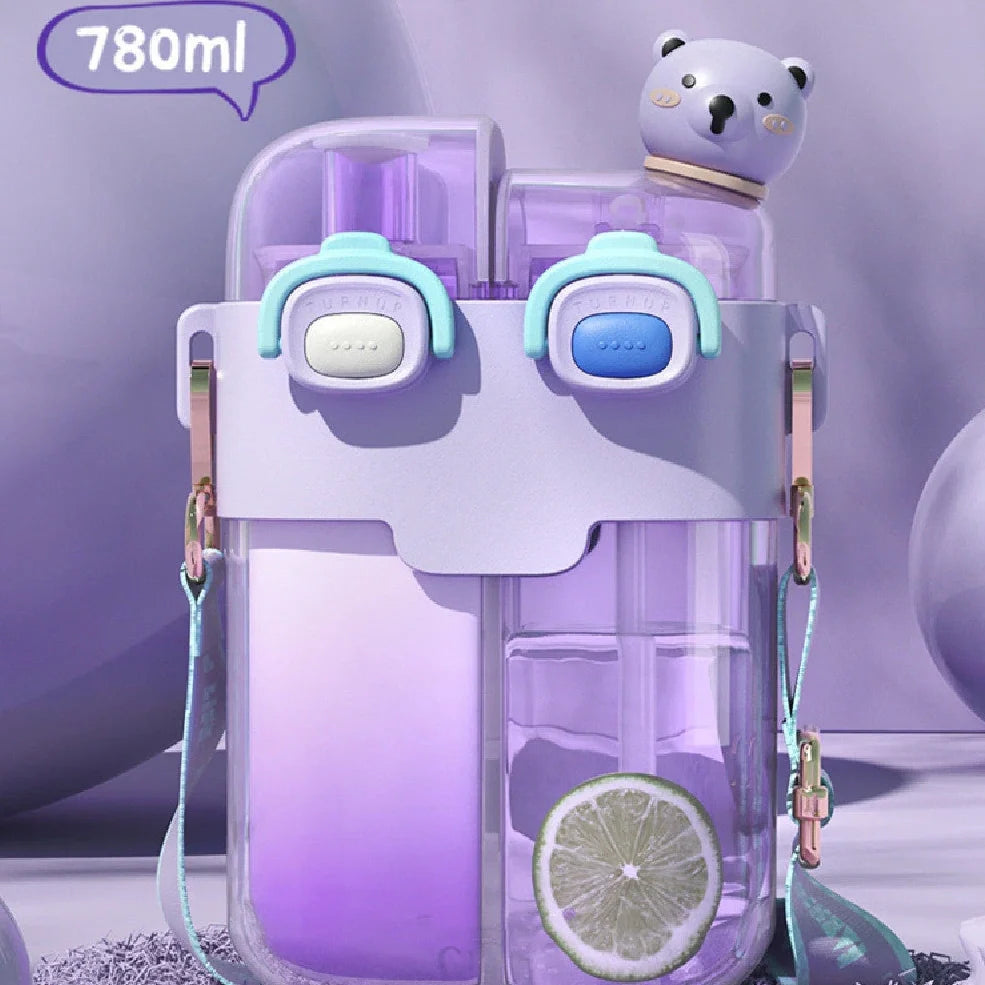 Plastic water bottle with spring cover in coral pink, measures 11.3x20.5x7cm