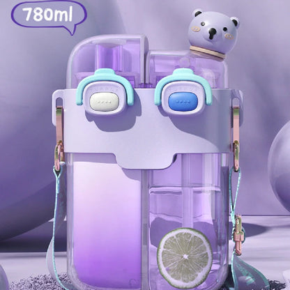 Plastic water bottle with spring cover in coral pink, measures 11.3x20.5x7cm