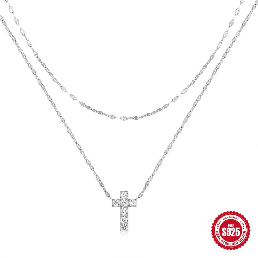 S925 sterling silver double layer twin diamond cross pendant on adjustable 40-45cm chain