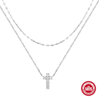 S925 sterling silver double layer twin diamond cross pendant on adjustable 40-45cm chain