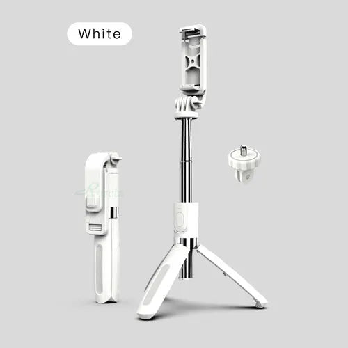 Black and white Bluetooth selfie stick with tripod legs extended and wireless remote control.