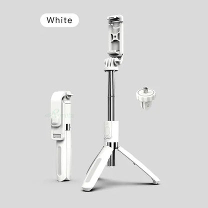 Black and white Bluetooth selfie stick with tripod legs extended and wireless remote control.