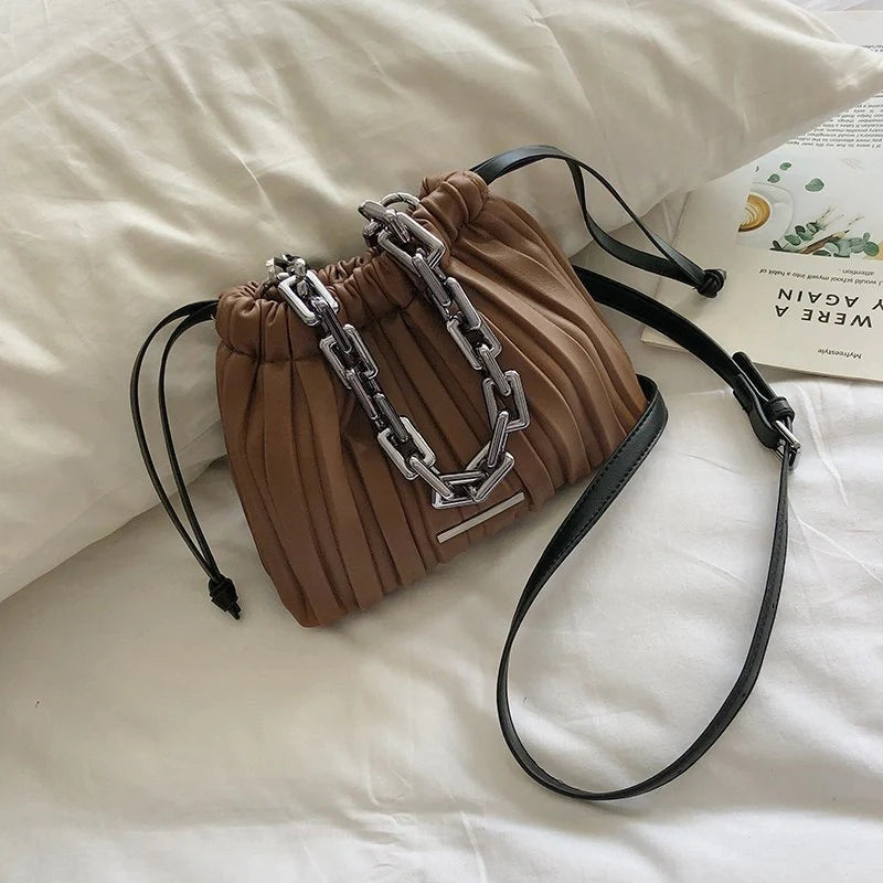 Korean-style women's PU bucket bag with acrylic chain in various colors