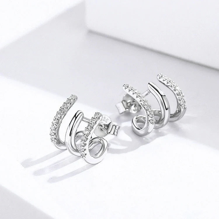 925 Sterling Silver Heart Earrings with sparkling gems, Korean-inspired design