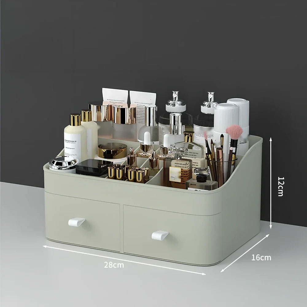 Rectangular toiletries organiser in white with Nordic design on wooden desktop