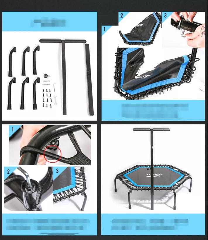 Hexagon trampoline with fitness handrail for home and gym use