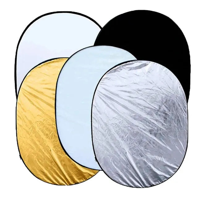 Collapsible light reflector for photography, 5-in-1 portable photo reflector with 60 x 90 cm steel frame featuring gold, silver, white, black, and translucent surfaces for portrait and studio lighting control, includes a zippered carry bag.