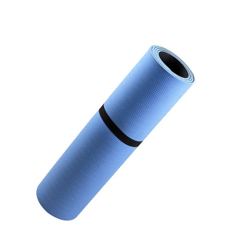Blue conductive grounding yoga mat with botanical print, showing attached wire and rolled edge, dimensions 182cm by 61cm.