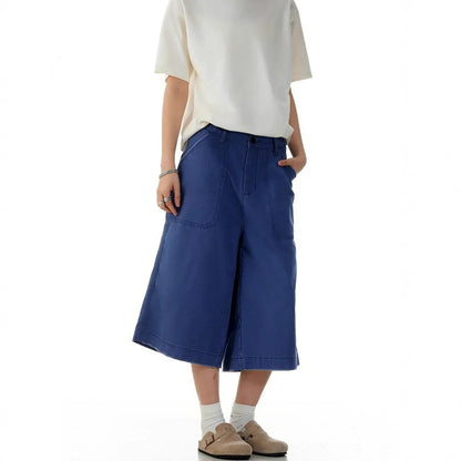 Men's French Blue cotton cropped shorts with straight-leg, loose fit, mid waist and zip fly, sizes S to XXL