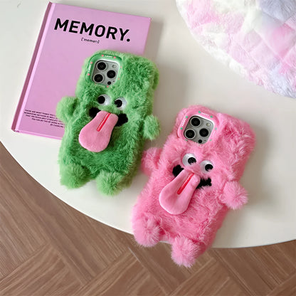 Pink and Green cartoon monster plush silicone case for Apple iPhone showing tongue-out design.
