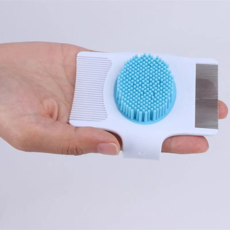 Blue and green multifunctional pet comb with floating hair removal bristles and massage nodes.