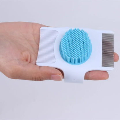Blue and green multifunctional pet comb with floating hair removal bristles and massage nodes.