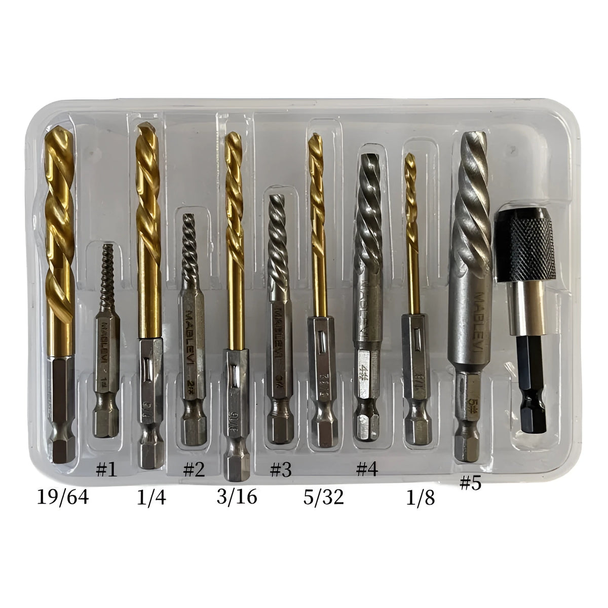 12-piece silver screw extractor set with hexagonal handles for removing damaged screws