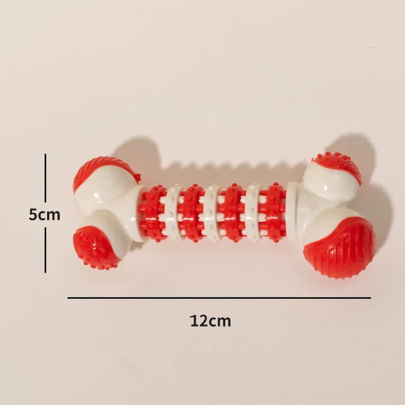 Bone-shaped interactive dog toy in blue, orange, or red for small breeds with treat holder