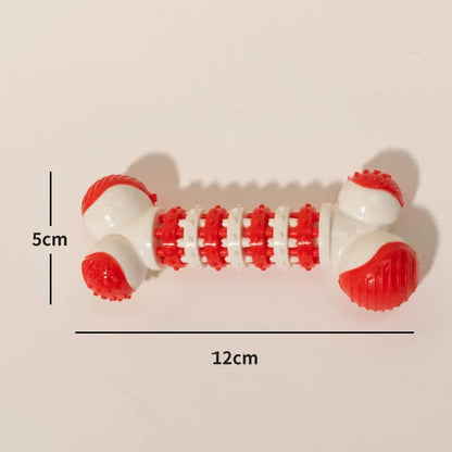 Bone-shaped interactive dog toy in blue, orange, or red for small breeds with treat holder