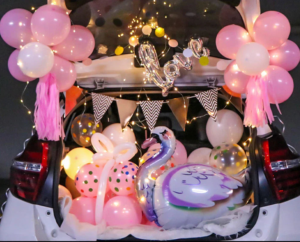 Romantic car trunk proposal decoration kit with balloons, lights, and proposal accessories