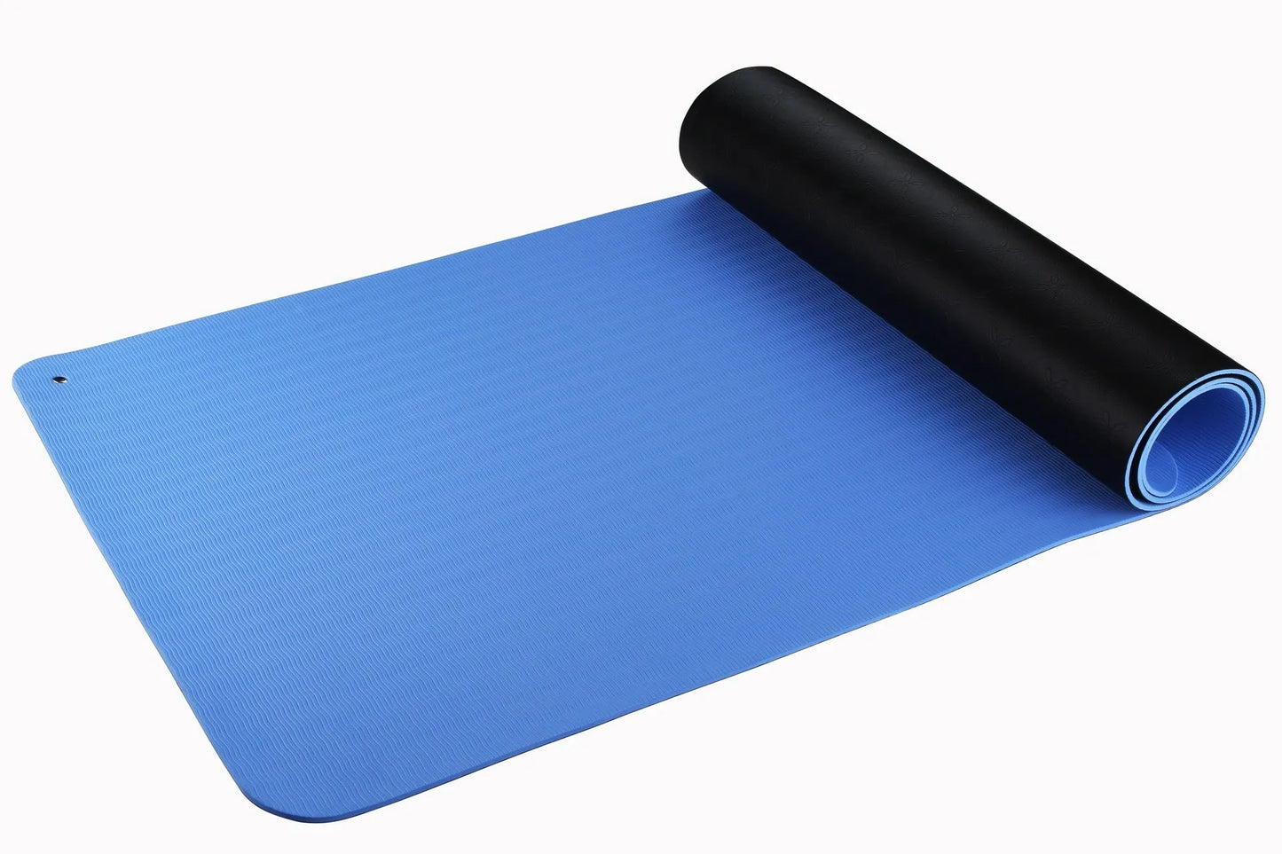 Blue conductive yoga mat with plants pattern, grounding wire, dimensions 182cm by 61cm.