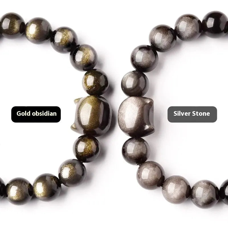 Obsidian cat head bracelet with round beads and feline charm in gold or silver style options