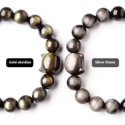 Obsidian cat head bracelet with round beads and feline charm in gold or silver style options
